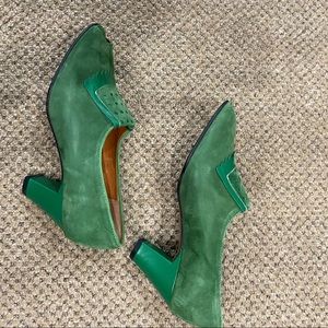 Gorgeous emerald green open toe suede heel